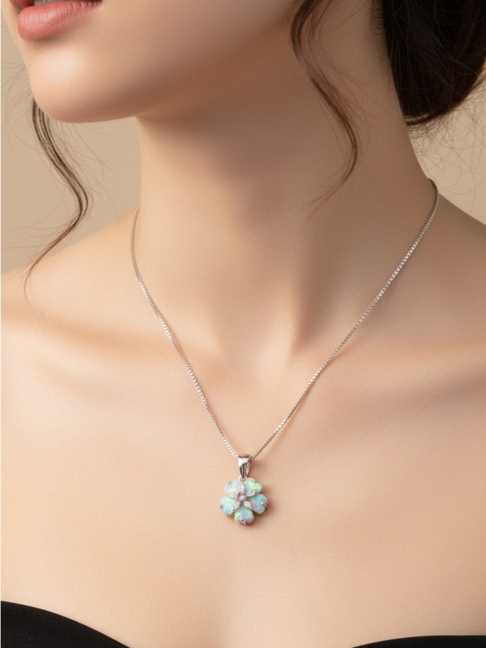 White Gold Plated Floral Fire Opal Pendant Necklace. New.